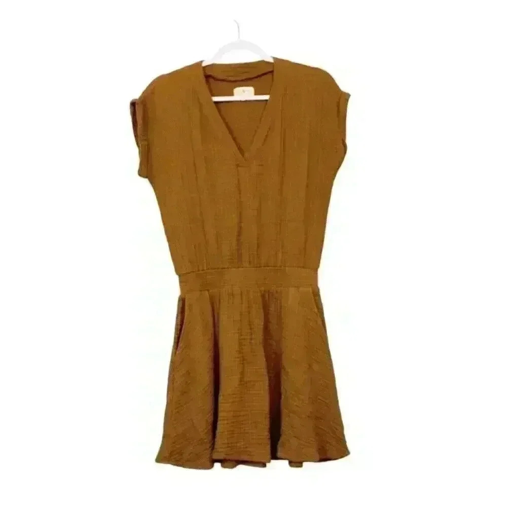Lou & Grey Dress Size Small Petite Spun Cotton Fit & Flare Boho V-Neck Brown